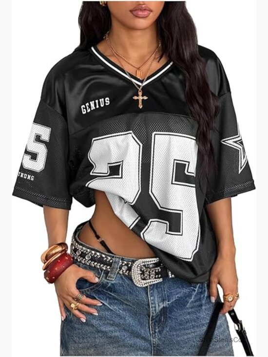 Tops - Oversized V-Neck Graphic Tee Y2K Streetwear Football Jersey Blouse